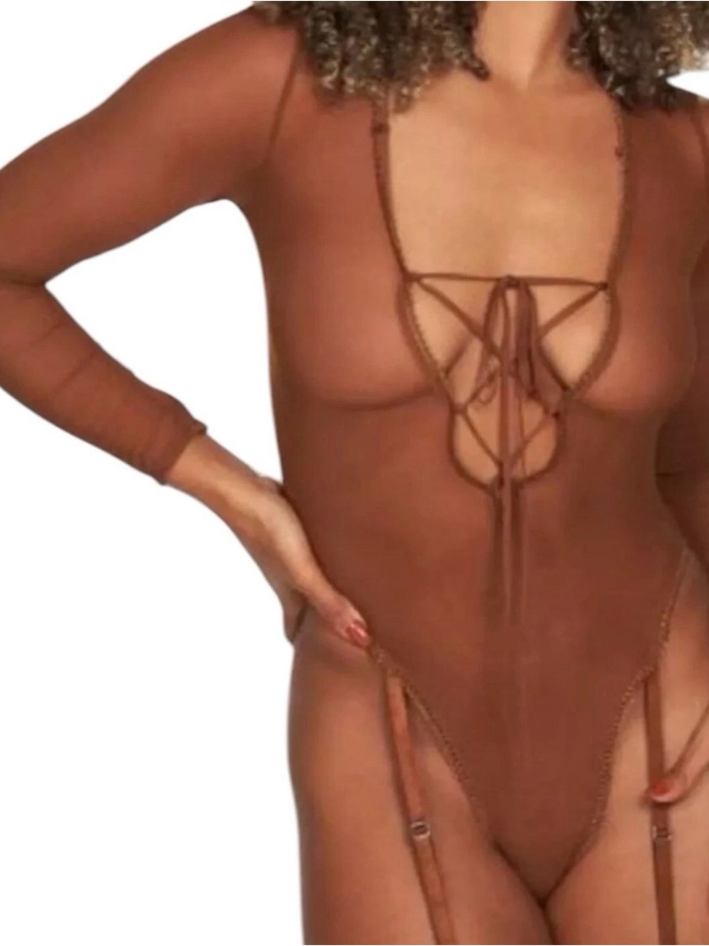 Sheer Mesh Long Sleeve Teddy MED‎ Garter Brown Bodysuit Frederick's of Hollywood
